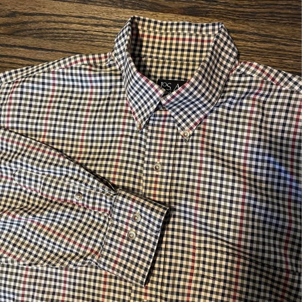 Jos. A. Bank Men's Plaid Shirt Beige Black Red Medium Mens Button Down Casual